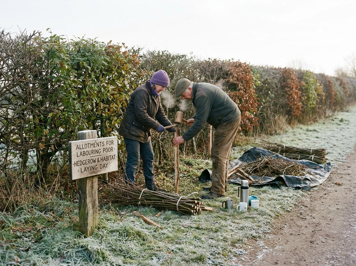 Two hedge-layers work a stake into a freshly pleached blackthorn hedge on a frosty January morning.