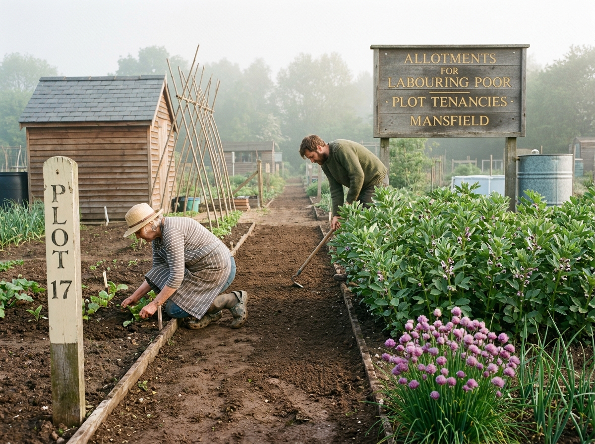 A path between allotment plots at Carr Bank in early May with painted plot stakes and beanpole wigwams.
