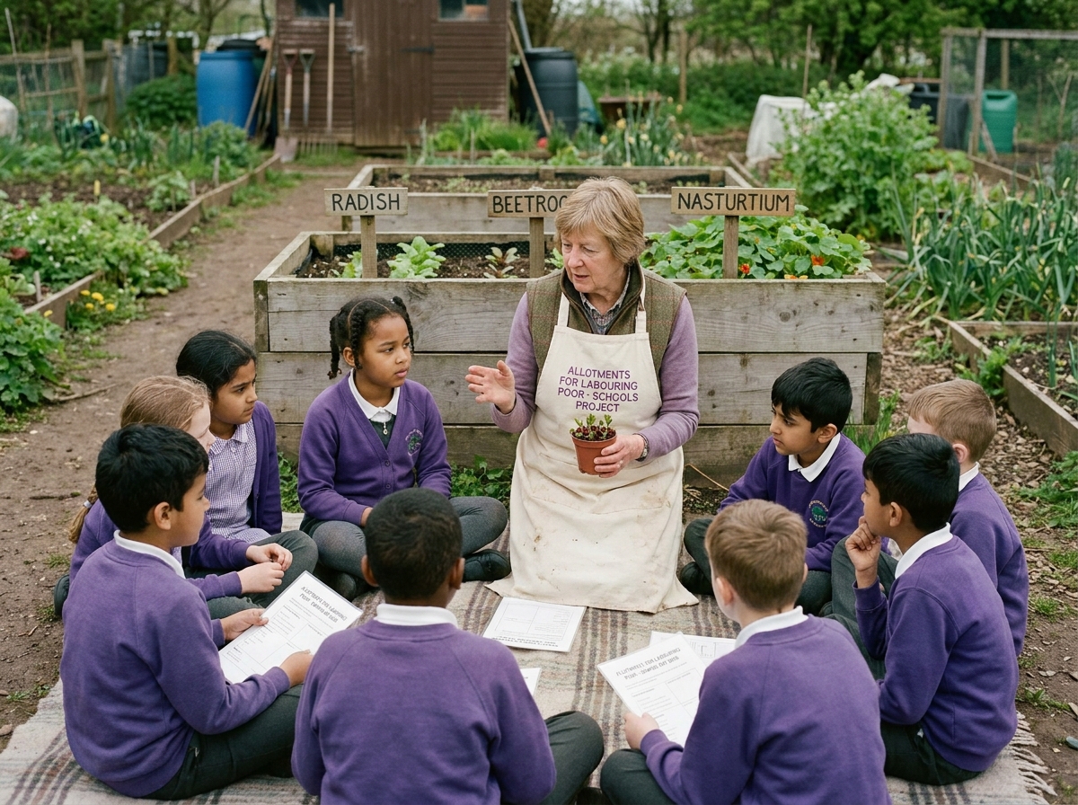 Year 4 schoolchildren sat on a wool blanket on the path as a volunteer explains how to thin out beetroot.