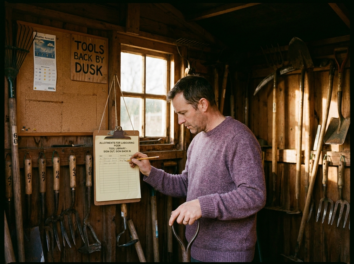The tool-share shed at Carr Bank, walls hung with rakes, hoes and forks.