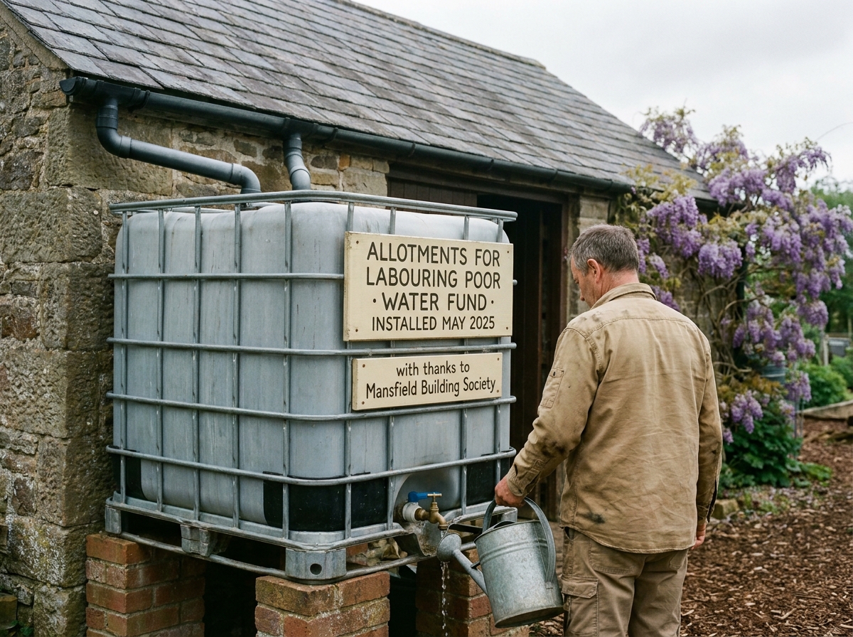 New rainwater-harvesting tank against the south wall of the central storage shed, a tenant fills a watering-can from the brass tap.