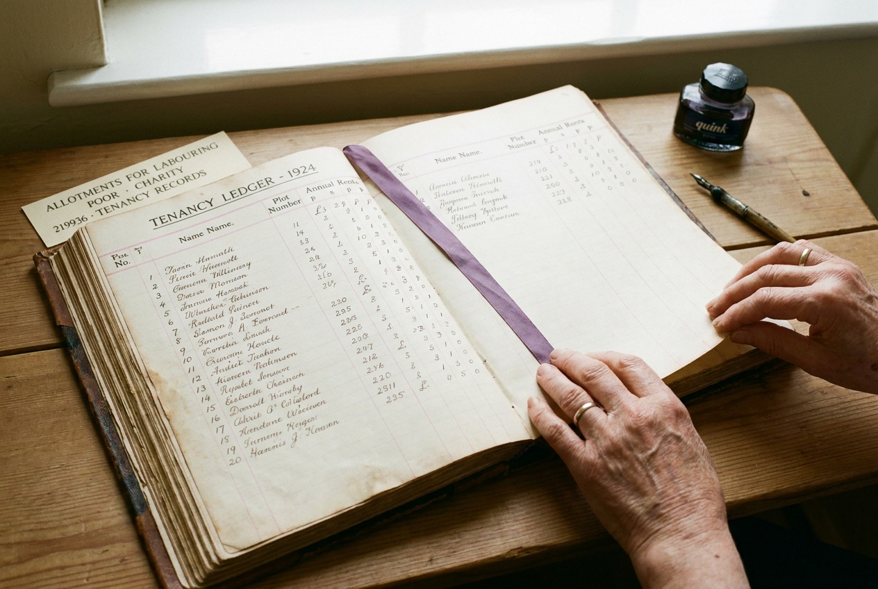 A leather-bound tenancy ledger from 1924 open on a trestle table.