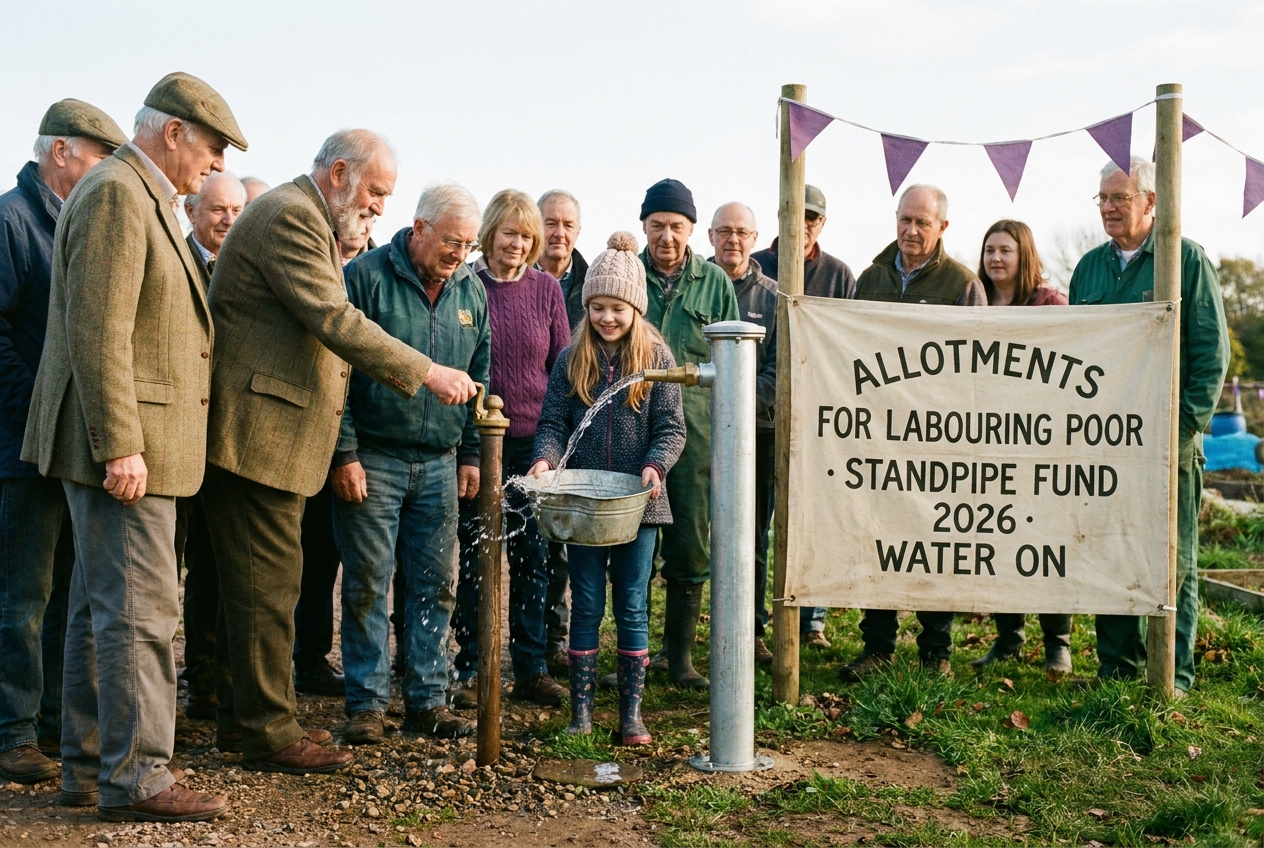A small crowd of tenants and trustees watch the first arc of water hit a tin basin at the new Carr Bank standpipe.