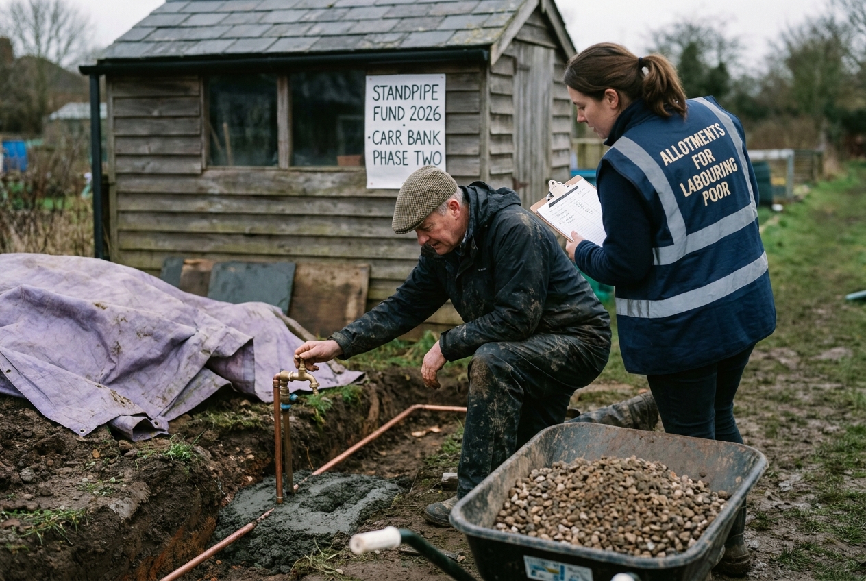 Two trust members kneel beside a half-installed brass standpipe and copper pipework on a Carr Bank plot, mid-March.