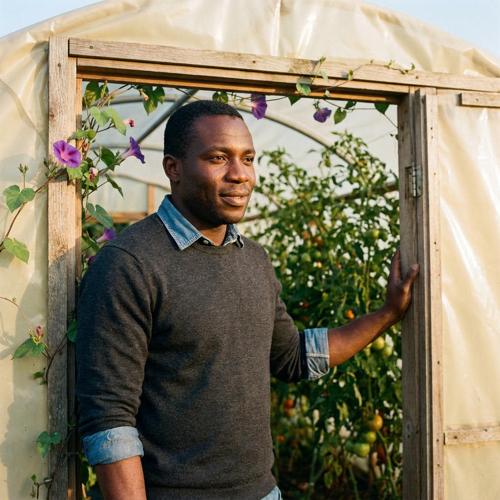 Ade Okafor, photographed standing by his plot's small homemade plywood polytunnel at Carr Bank.