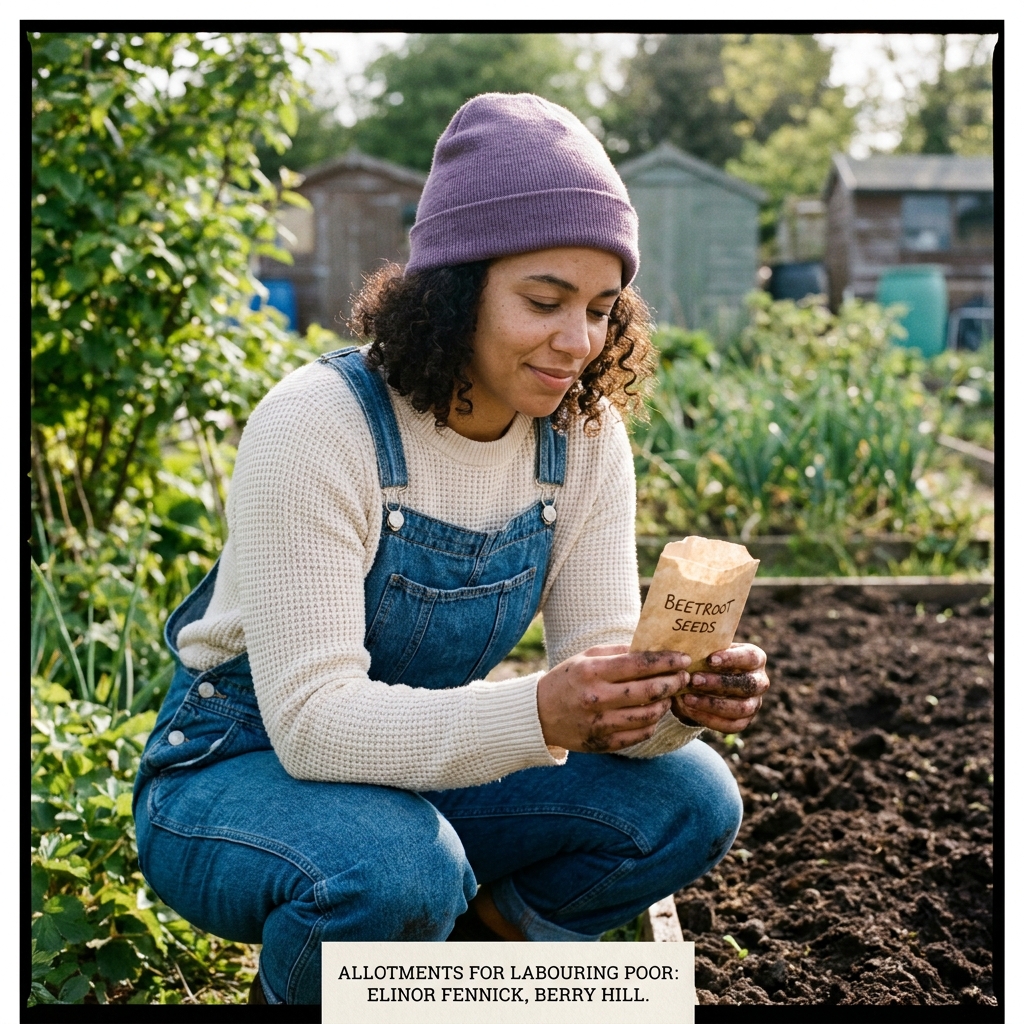 Elinor Fennick, photographed kneeling beside her freshly turned bed at Carr Bank, holding a paper packet of beetroot seeds.