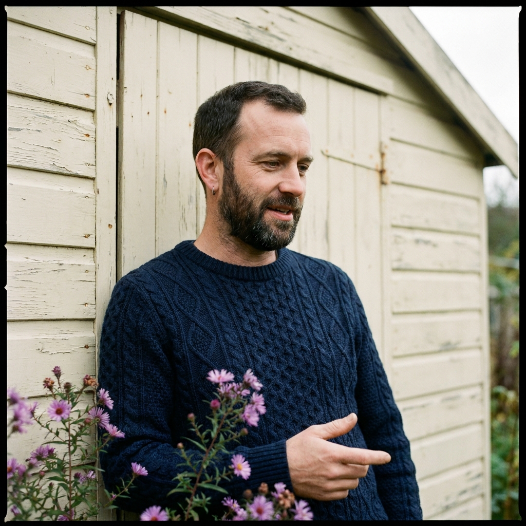 Jacob Pell, photographed leaning against the wooden door of the tool shed at Carr Bank.