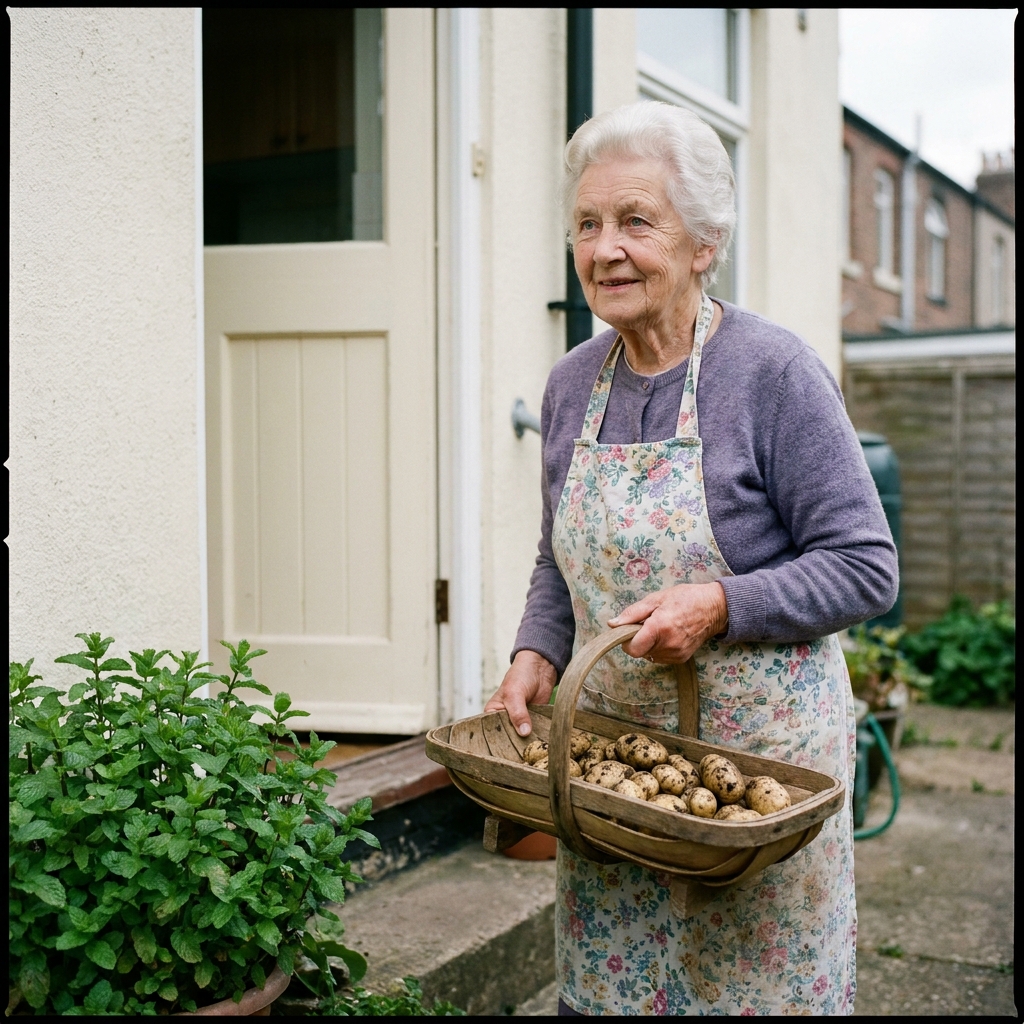 Margaret Allbright, photographed at the back door of her Forest Town home holding a wooden trug of new potatoes.