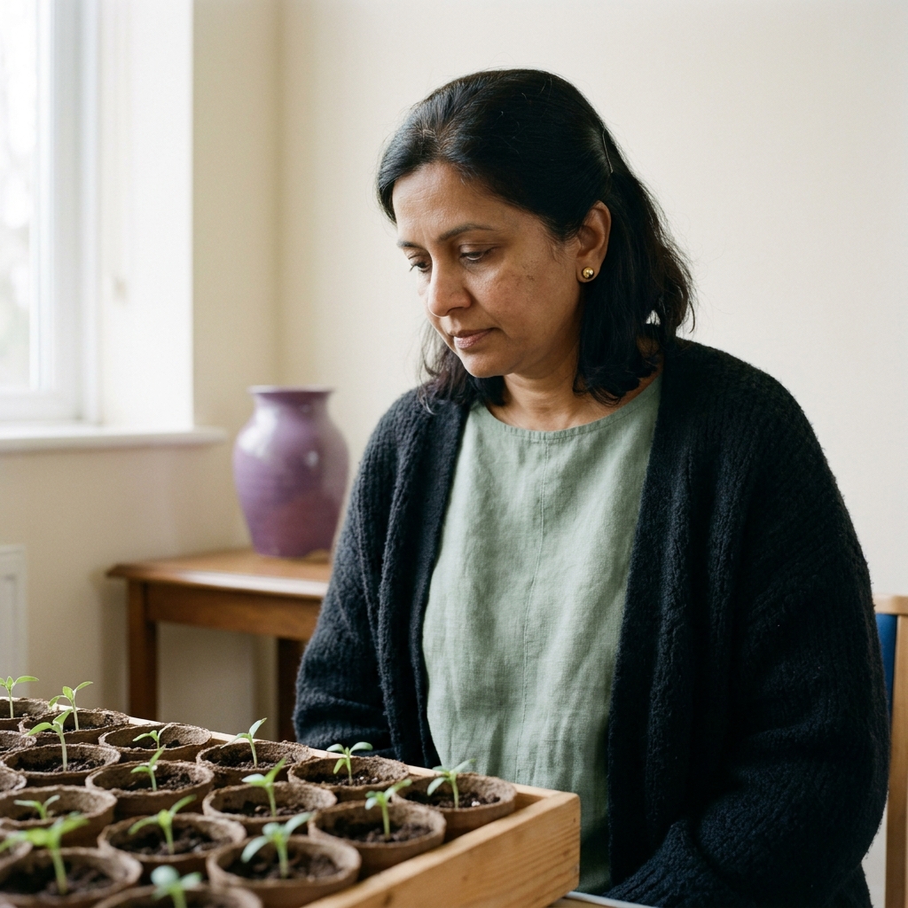 Priya Ramesh, photographed inside the parish hall holding a tray of seedling pots.