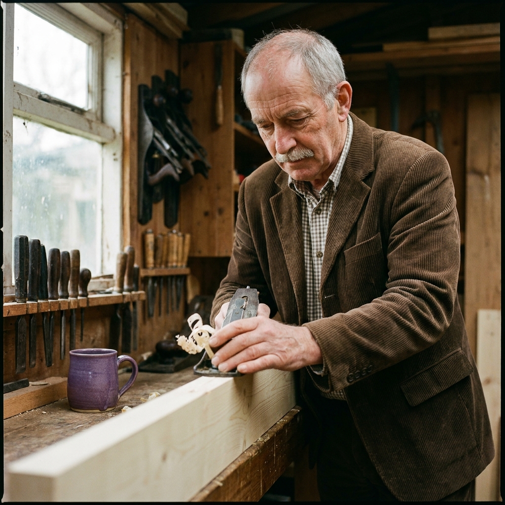 Stuart Wakelin, photographed at his workbench in the tool shed, planing a long timber board.