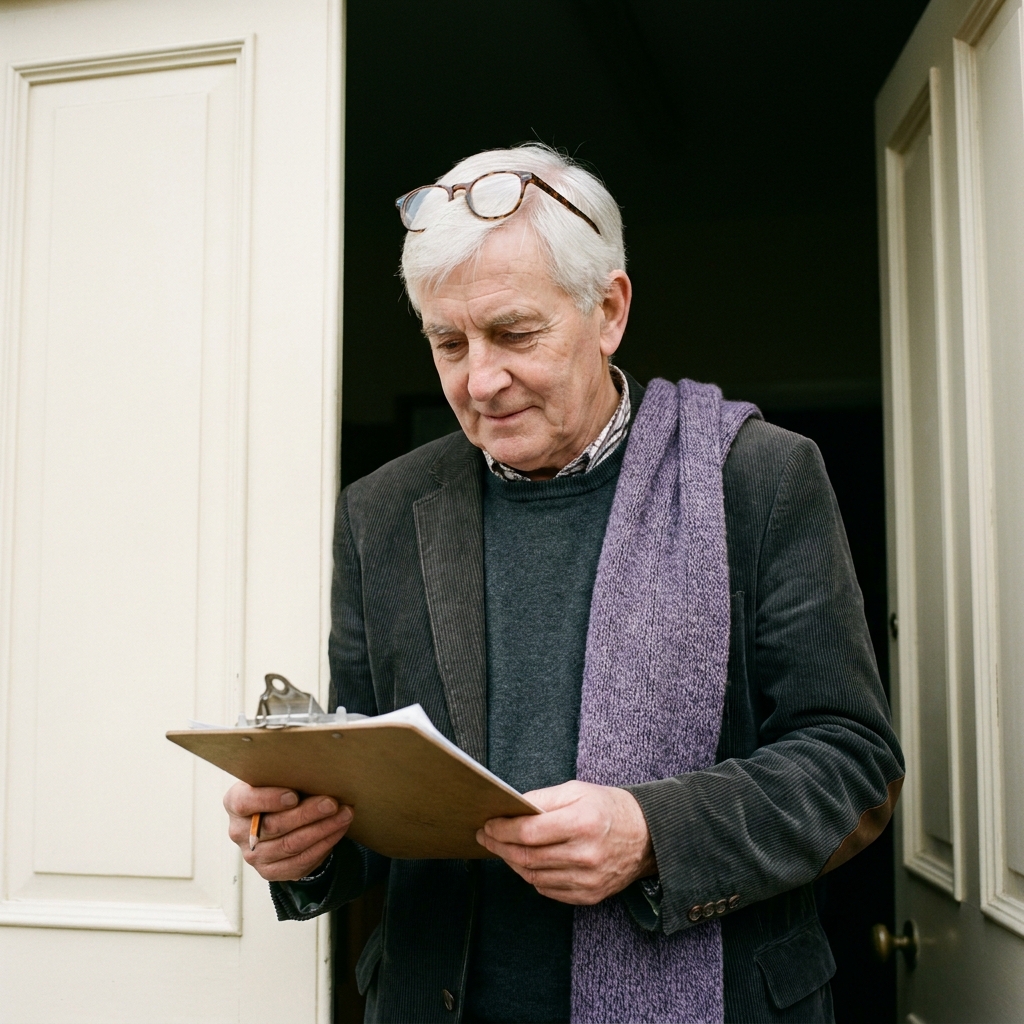 Martin Lee, longest-serving trustee, photographed at the parish-hall office door.